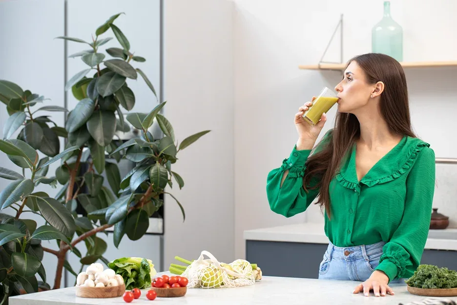 a woman drinking a glass of juice