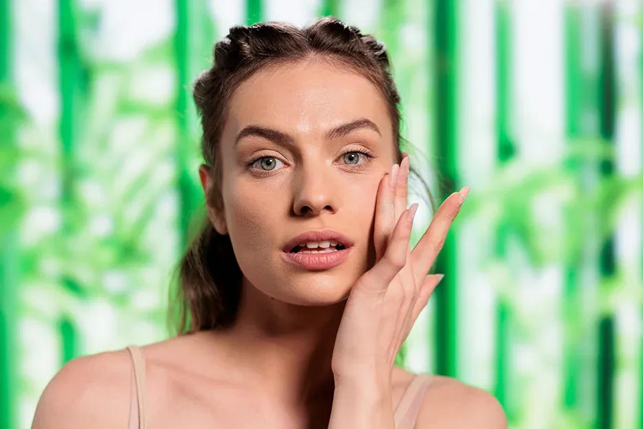 a woman touches her smooth skin