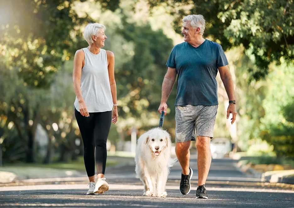 a couple took their dog for a walk