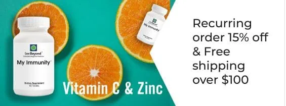 My Immunity vitamin C and zinc bottles with orange slices beside text offering 15% off recurring orders