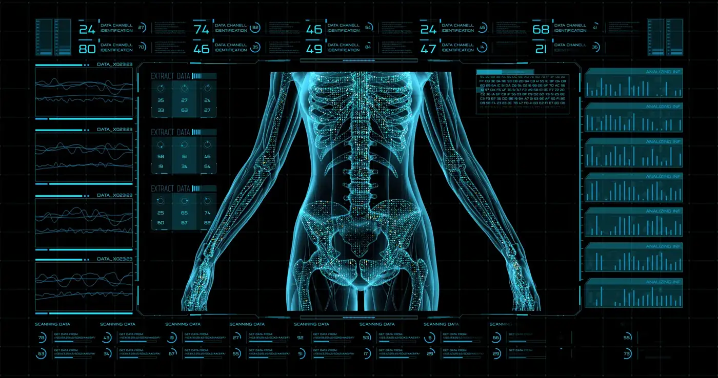 Digital body scan display showing a glowing blue skeleton surrounded by data panels