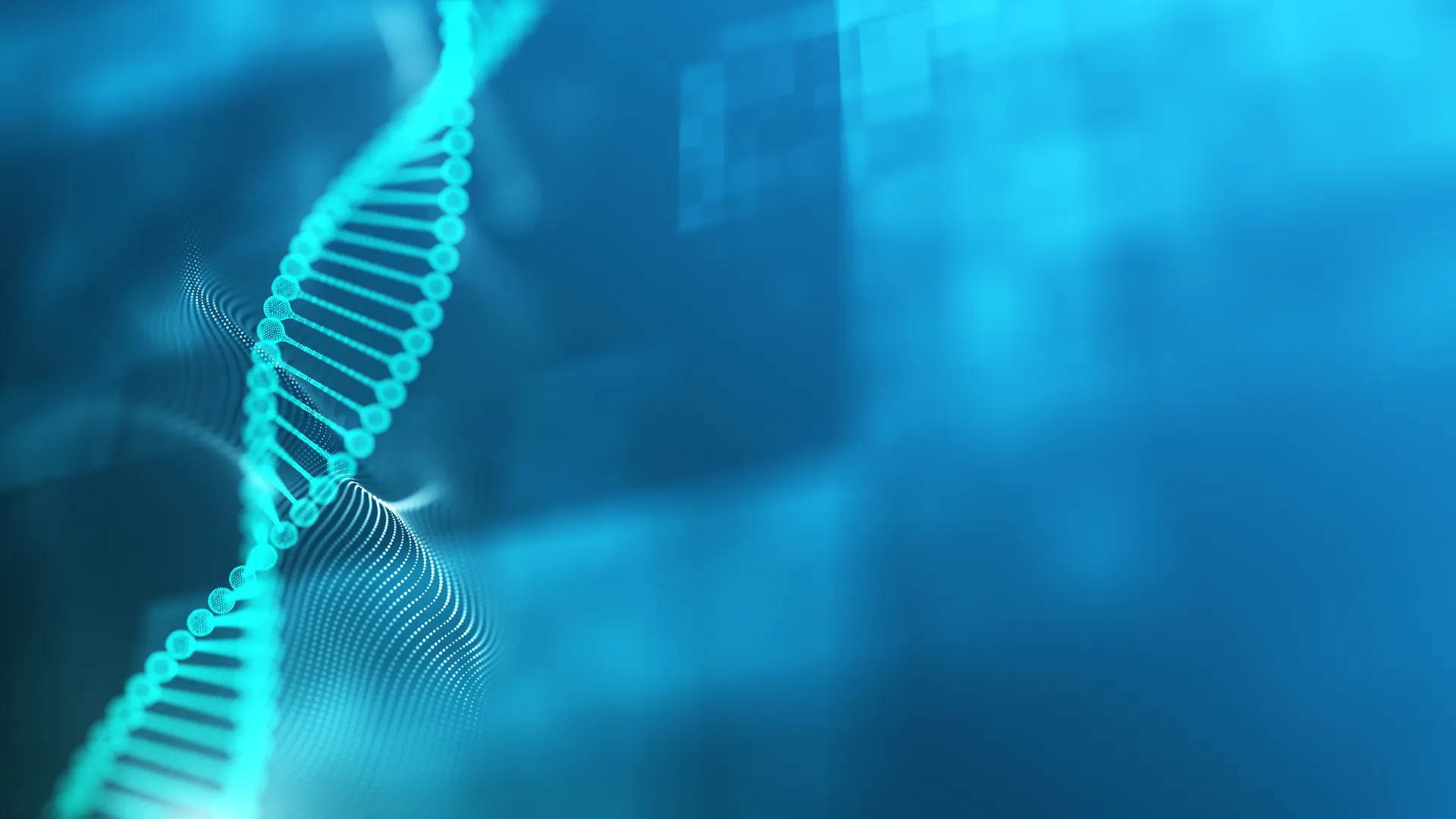 Illustration of a glowing blue DNA double helix