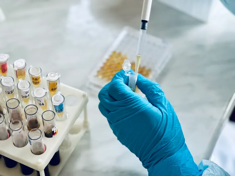 Gloved hand pipetting a sample next to a rack of labeled test tubes in a lab