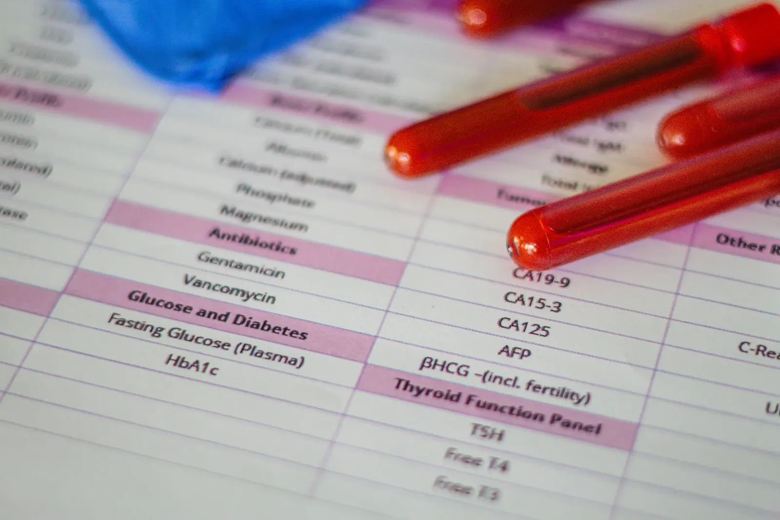 Filled blood tubes resting on a lab test order form listing glucose, HbA1c and thyroid panels