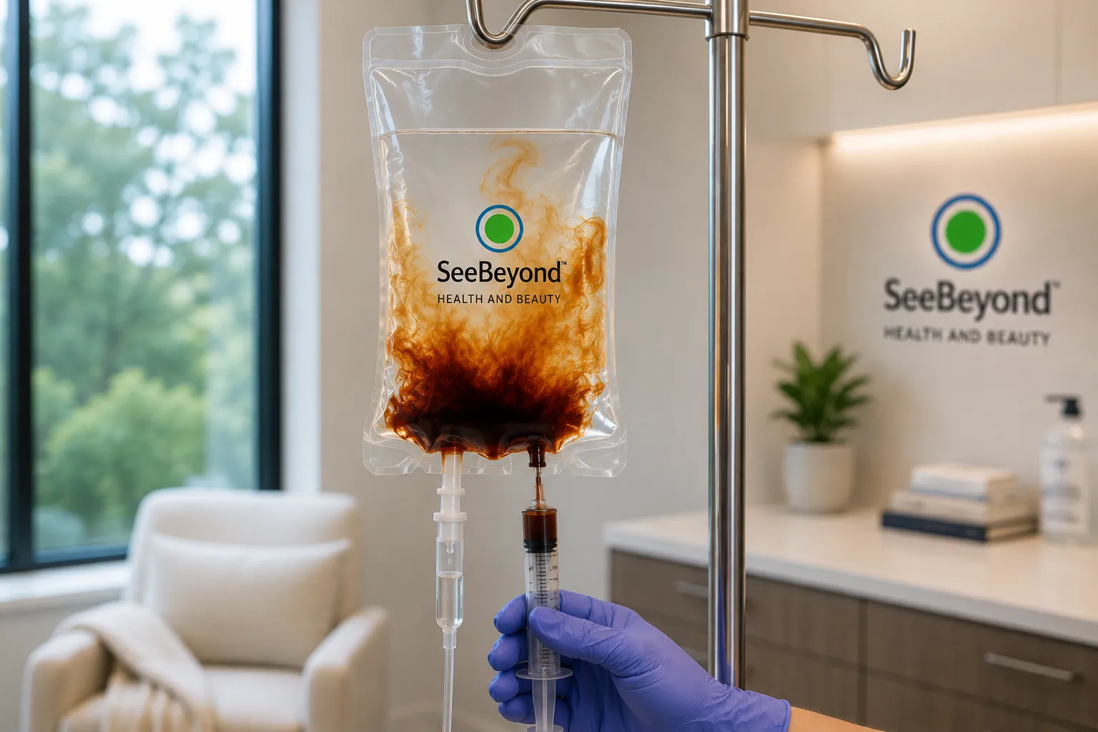 SeeBeyond Health and Beauty IV bag with dark swirling fluid hangs on a pole in a treatment room
