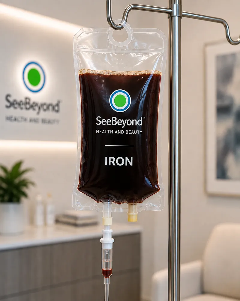 SeeBeyond Health and Beauty iron IV bag hanging on a stand in a clinic lounge