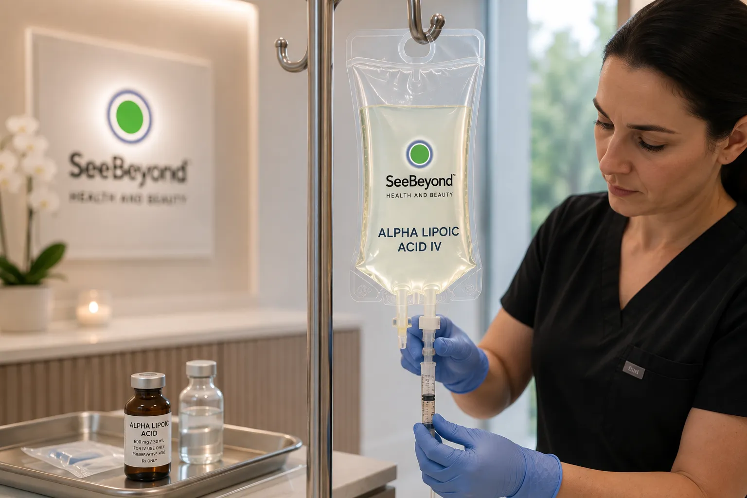 Clinician in black scrubs preparing an alpha lipoic acid IV bag beside vials in a SeeBeyond clinic