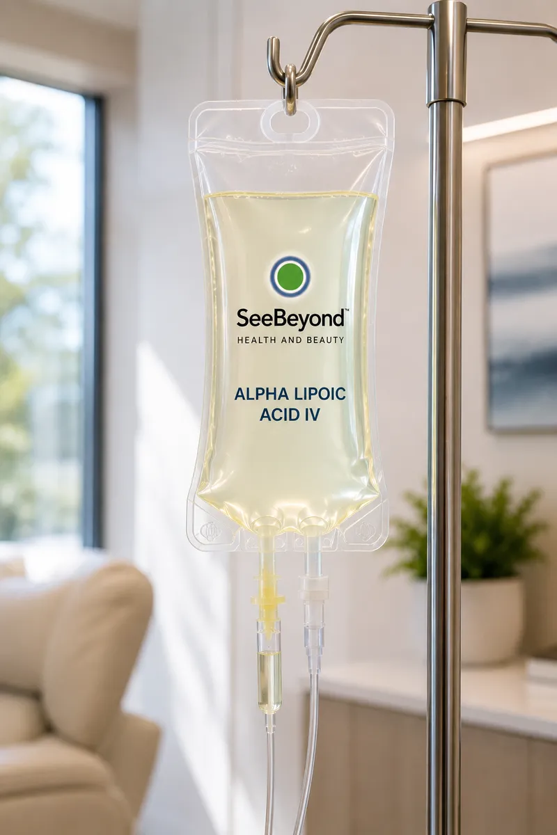 SeeBeyond IV bag labeled alpha lipoic acid hanging from a pole in a bright treatment room