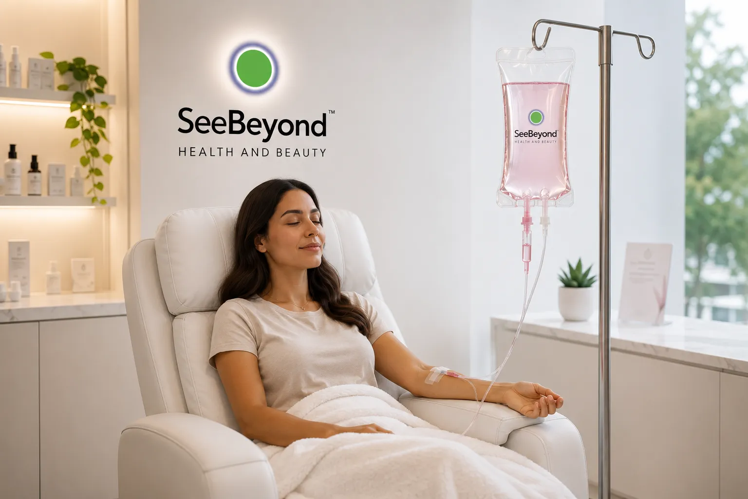 Woman relaxing in a reclining chair receiving an IV drip beside a SeeBeyond logo on the wall