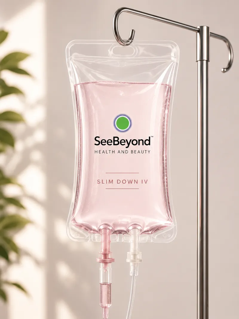 SeeBeyond Health and Beauty Slim Down IV bag hanging on a metal stand