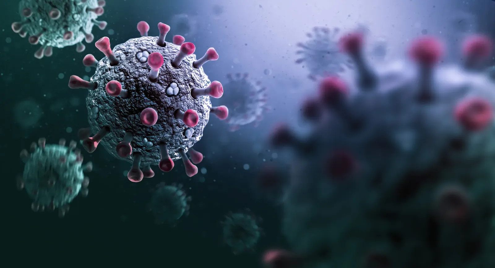 3D illustration of spiked virus particles against a dark background