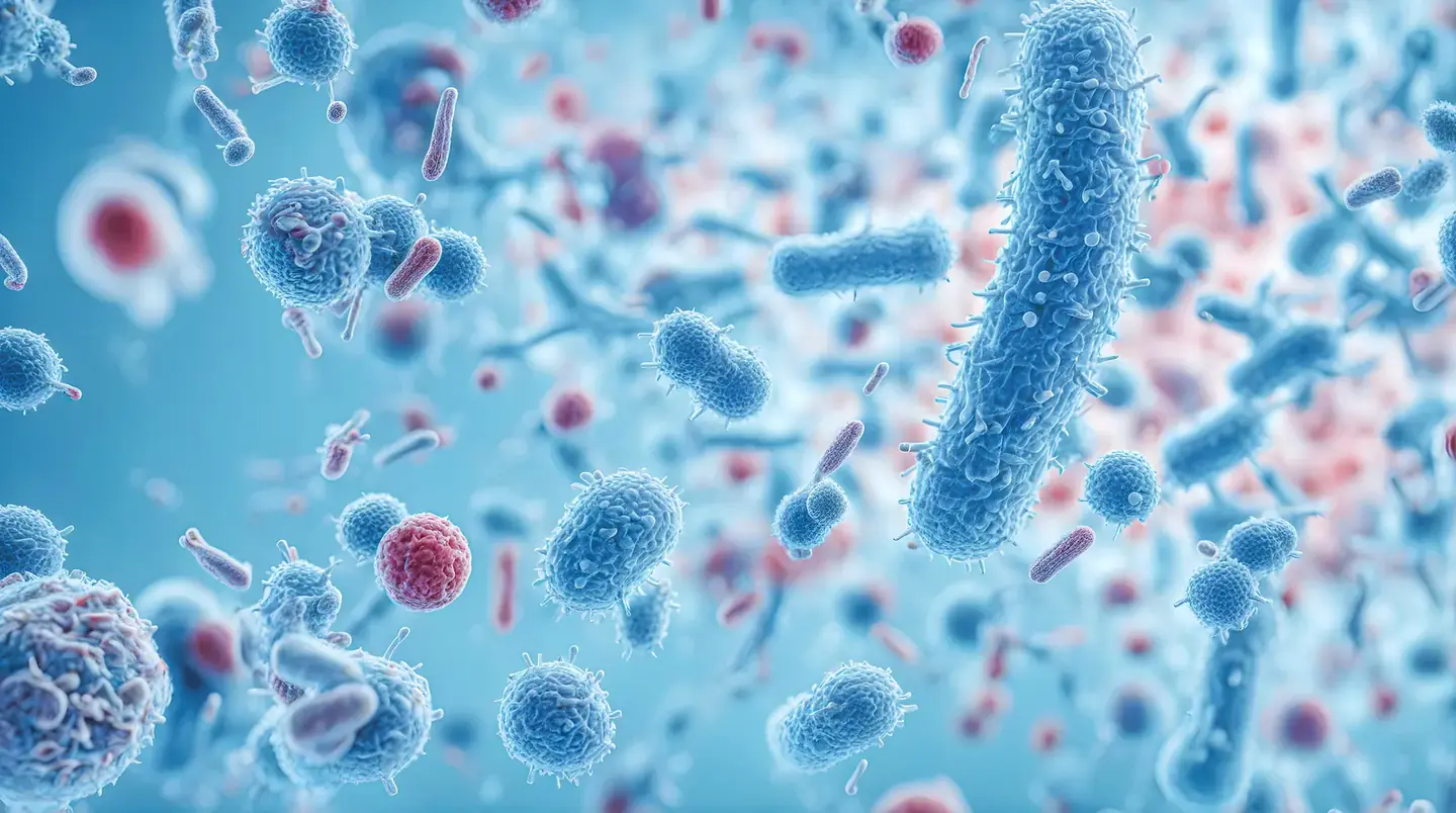 Microscopic illustration of rod-shaped and round bacteria floating on a blue background