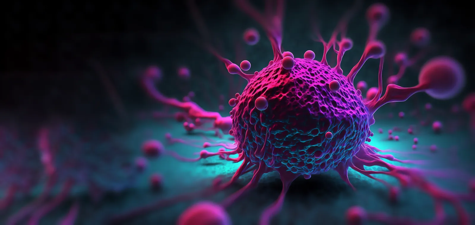 Magnified illustration of a textured purple cell with tendril-like projections on a dark background