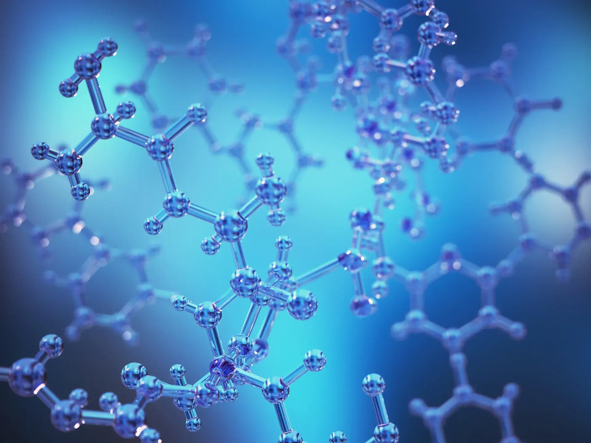 3D rendering of blue molecular structures with linked atoms