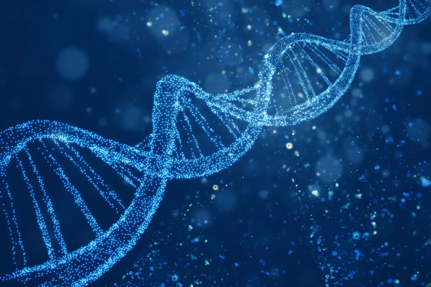 Glowing blue DNA double helix against a dark particle background