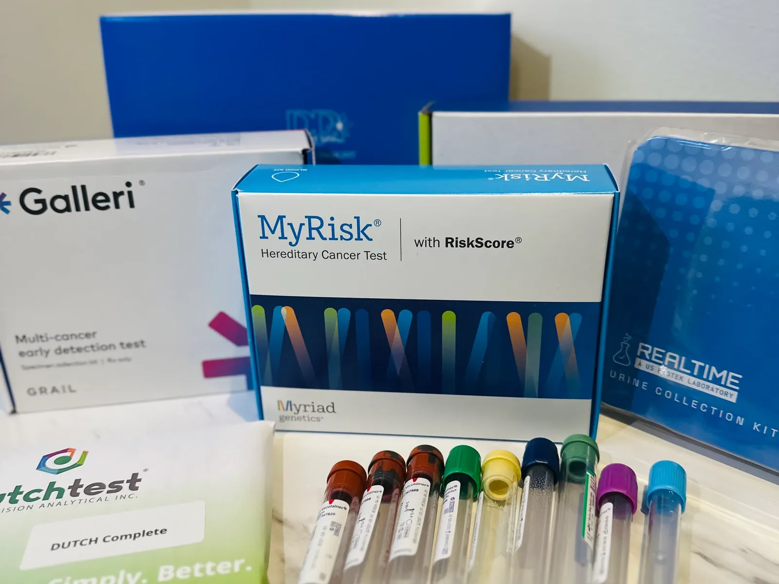 Functional medicine test kits at SeeBeyond Medicine — Galleri multi-cancer early detection, MyRisk hereditary cancer, DUTCH Complete hormone panel, Realtime urine collection kit, and blood draw tubes